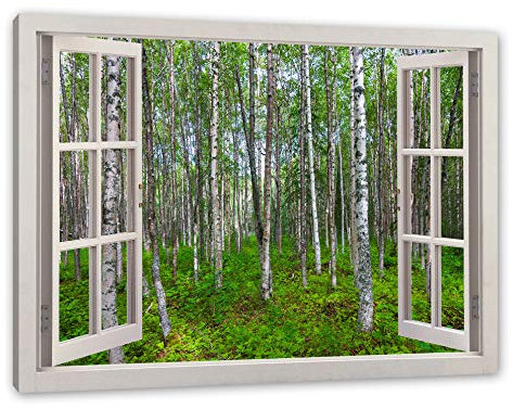Pixxprint Birkenwald, Fenster, Größe: 120x80cm, Leinwandbild, fertig gespannt, Wandbild, Dekoration, Kunstdruck, kein Poster