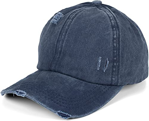 styleBREAKER Casquette Baseball pour Femmes avec Queue de Cheval, Look usé déchiré, Couleur Unie, Fermeture à Scratch, Bande croisée, Ajustable en Coton, Style décontracté été, Bleu Jeans