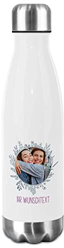 Trinkflasche Edelstahl selbst gestalten mit Foto im Rahmen & Text - Thermosflasche, Wasserflasche BPA-frei, Camping, Schule, Sport I Personalisiertes Geschenk, Blumenrahmen 1, 500 ml