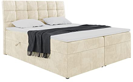 MEBLINI Boxspringbett mit Bettkasten - Gepolstert Doppelbett mit Matratze und Topper - Polsterbett mit Stauraum - Bett mit Kopfteil - Stauraumbett - Drago - 180x200 - H3/Beige Samt