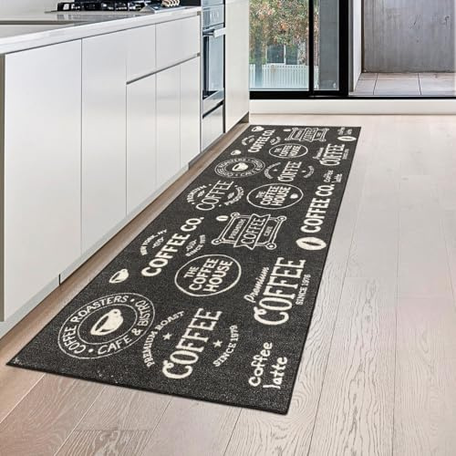 Teppich-Traum Küchenläufer Küchenteppich Coffee Schwarz Weiß 80x250 cm
