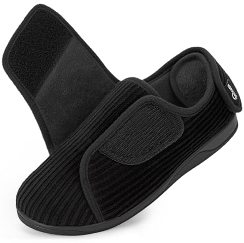 HomeTop Pantofole Donna con Tacco Chiuso – Tomaia Larga Regolabile, Cinturino con Velcro, Suola in Memory Foam Nero Opaco, 37 EU