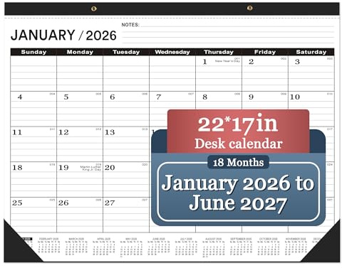 Desk Calendar 2026(January 2026 - June 2027)，2026 Desk Calendar Large 22 x17，2026 Calendar,Classic Black,Large Calendar 2026-2027 with Plastic Cover