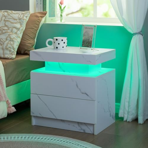 Cubehom LED Nachttisch Nachtschrank mit Led Licht, Modern Nachtkommode mit 2 Schubladen für Wohnzimmer, Schlafzimmer (Grau Weiß, 1)