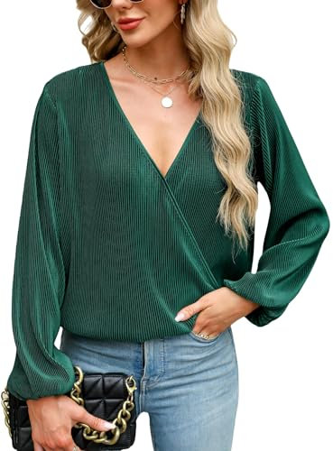 CUPSHE Damen Blusen V-Ausschnitt Wickeloptik Plissee Oberteile Langarmshirt Falten Tunika Wickelbluse Tops Waldgrün XL