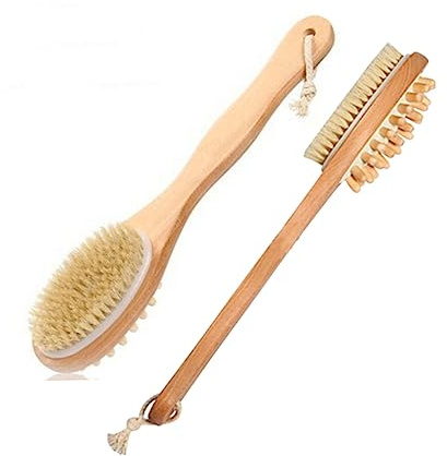 Doppelseitige Duschbürste mit Langem Griff, Holzkörperbürste Braun | Naturborsten, für Bad und Dusche, Körperpflegebürste zum Reinigen und Peeling