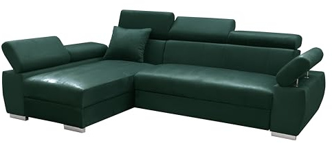 MEBLE-LUX - Ecksofa OTTO, Eckcouch mit Schlaffunktion, Federkern, Verstellbare Kopfstützen, Einfacher Klappmechanismus, Bettfunktion, Zusätzlicher Stauraum, Plüsch Grün, Links