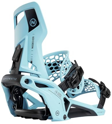 Nidecker Supermatic Snowboard First Universal, Dual-Entry, Automatic Binding - Comfortable and Reliable as a Regular Two-Strap Binding - Genuine Game Changer with its Drop in tech - Escape Cyan