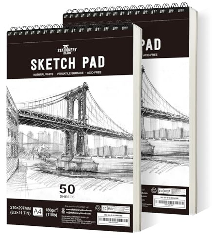 STATIONERY ISLAND Skizzenbuch, A4 Zeichenblock 180 g/m² Dickes Papier, 100 Seiten / 50 Bögen*2 Spiralgebundenes DIN Sketchbook 2 Packungen