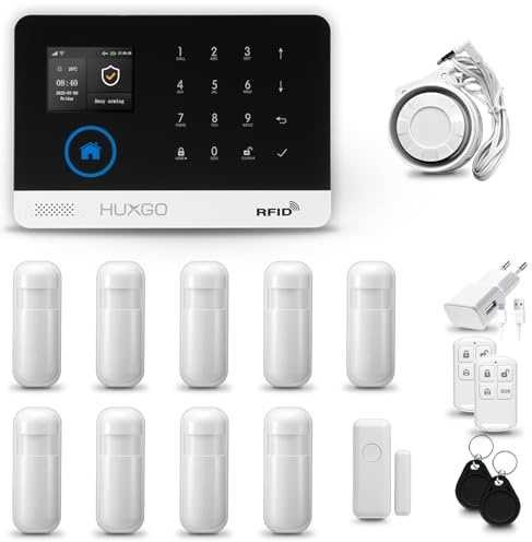 HUXGO® HXA003 Alarmanlage Haus WiFi + GSM 4G mit Sirene | Tuya Smartlife App | Alarm System mit Drahtloser Fenstersensor, 9X Bewegungsmelder | Alarmanlage für Wohnung, Garage