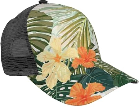 Apbdffjnf Stadion-Fußballmütze, Satdiumfeld, Licht, Nacht, Baseballkappe, Unisex, verstellbar, Trucker-Mütze, klassischer Papa-Hut, Sport, lässig, Sommerkappe, Vegetationsblätter mit Hibiskusblüten,