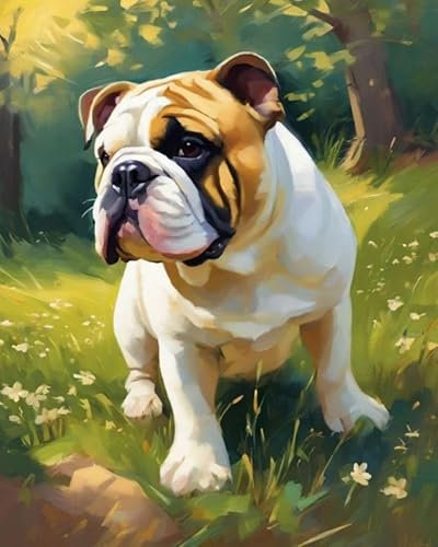 ZMHZMY Malen nach Zahlen Englische Bulldogge,Graswiese Painting by Numbers Kit DIY ölgemälde Kit für Erwachsene,Anfänger Painting Set 16x20 Zoll Leinwanddruck Wandkunst Dekoration