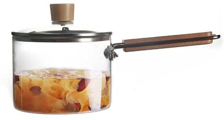 RSBFER mjölkkastrull i glas med trähandtag – kastrull, mångsidiga köksredskap för soppa, mjölk – värmebeständig, perfekt för gasspis, induktionsspis, 1 200 ml