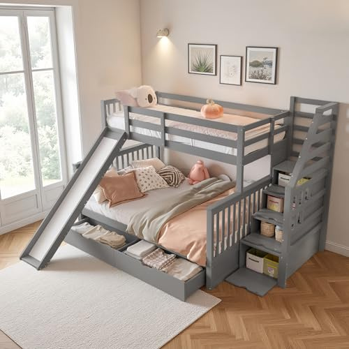 Sapgaks Lit superposé Enfant avec tiroirs,échelle de Rangement et Toboggan,lit cabane Enfants 90/140x200,Cadre de lit Enfant/ado 90 (140) x 200 cm avec sommier à Lattes,Gris