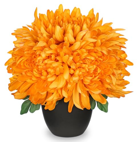 Hollyone Flores artificiales de crisantemo de 25 cm en maceta, crisantemos de seda falsa naranja, madres de araña sintética con maceta negra para decoración del hogar, sala de estar, comedor, mesa