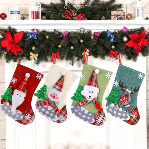 ACTOYS Weihnachtsstrumpf Set, 4 Stück Flachs Nikolausstrumpf, Weihnachtssocken Zum Aufhängen & Befüllen, 3D Nikolaussocke, Weihnachten Dekoration für Kamin, Weihnachtsbaum, Treppe (Gemischte Farben)