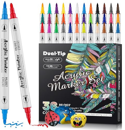 TEVILIK 36 Acrylstifte für Steine Wasserfest, 1-5mm Doppelspitze Acrylmarker für Steine Bemalen, Holz, Glas, Leinwand, Papier, Keramik, DIY Fotoalben, Ostereier, Ostergeschenke Kinder