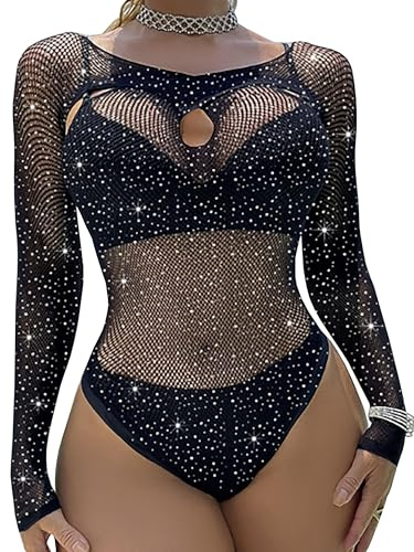 Mingnos Body da donna sexy Sheer Mesh a maniche lunghe Body a rete Rave Festival, Nero , Taglia unica