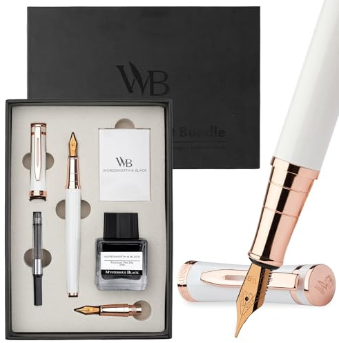 Wordsworth & Black Fountain Pen Gift Set,Medium & Extra Fine Nib,White Rose | Cartridge Pen, For Men & Women, Brass Body, 18K German Iridium, Ink Bottle + 6 Cartridges, Converter, Writing & Calligraphy
