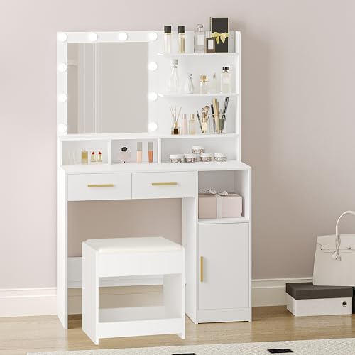 Hzuaneri Schminktisch mit Hocker,mit Spiegel und 10 LED-Beleuchtung, Einstellbare Helligkeit, Schminkkommode mit 2 Schublade & 1 Schrank, Weiß DT32503D