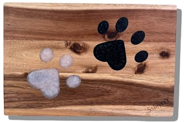 Pet Themed Acacia Wood Cutting Board with Paw Design - 15 x10 Kitchen Chopping Board, Charcuterie Boards Black & White Epoxy Resin Inlay for Pet Lovers - Durable Serving & Gift Idea