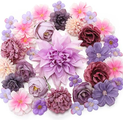 saerryor 36 Stück künstliche Blumen zur Dekoration, künstliche Blütenköpfe für Kuchendekorationen, Seidenblumen rosa lila Blütenköpfe für DIY Hochzeit Party Haarschmuck Scrapbooking Heimdekoration