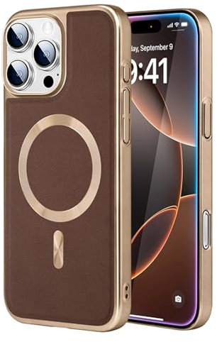 MFAOSHI Magnetica Custodia per iPhone 16 PRO Max/16 Pro/16, Sottile Lusso Affari Pelle Caso con Placcatura Cornice Antiurto Cover,Ottone,16 PRO