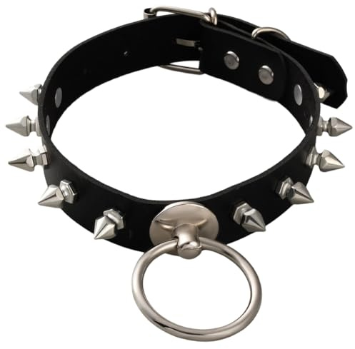 CALFOVERA O Ring Anhänger PU Lederhalsband Choker Punk Nieten Spike Nieten Lederhalsbandkette Verstellbar Gothic Schwarz Kurze Kreishalskette Rock Biker Gurt Für Kostümschmuck Halloween Party Geschenk