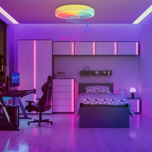 AufuN 48W LED Deckenleuchte RGB Dimmbar mit Bluetooth Lautsprecher | Fernbedienung und APP-Steuerung, Farbwechsel Sternenhimmel LED Rund Deckenlampe, Einstellbar für Schlafzimmer Kinderzimmer