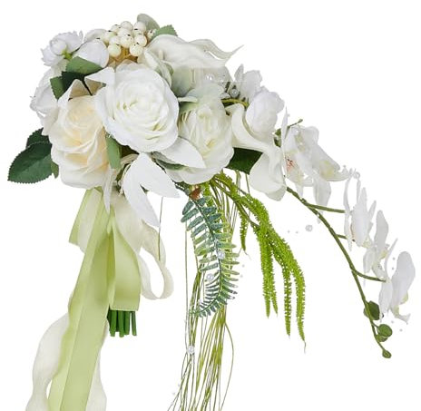 Fahoujs Bouquet de roses en soie blanche et lys calla en tissu soyeux pour cadeau et décoration