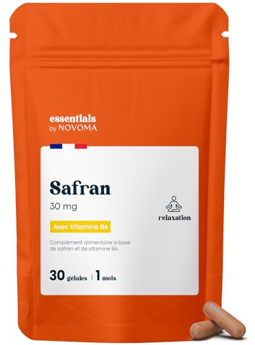 Safran 30 mg - Équilibre Émotionnel & Relaxation - 30 Gélules pour 1 Mois - Titré à 2% Safranal & 3% Crocines - Avec Vitamine B6 - Fabriqué en France - Essentials by Novoma