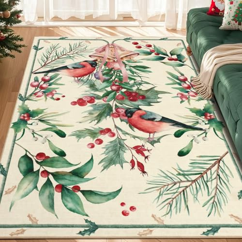 TUKDAK Weihnachtsteppich Groß 120x180cm, Vintage Beige Vogel Weihnachtsglocke Teppich Weihnachten, Waschbar rutschfest Kurzflor Teppich für Wohnzimmer, Schlafzimmer Küche Esszimmer Kinderzimmer