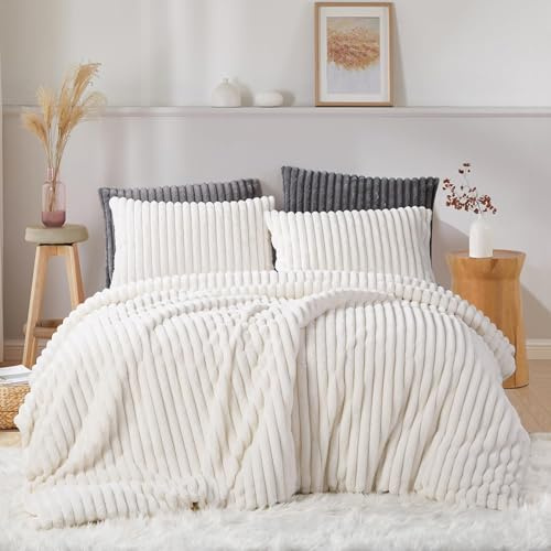 Covebett Plüsch Bettwäsche 135x200 Weiß Creme Uni Winter Warm Shaggy Cashmere Touch Flauschig Plüschbettwäsche Gestreift Felloptik Luxus Wende Bettbezug Reißverschluss und Kissenbezug 80x80 cm