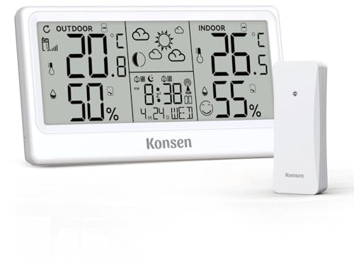 Konsen Funk-Wetterstation mit Außensensor – DCF Funkuhr, Digitales Thermo-Hygrometer (Batteriebetrieb) für Innen/Außen mit Wetterprognose, in Weiß
