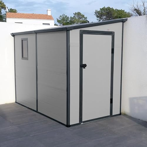 Jôbu Abri de Jardin Adossé en Résine 3,55m² | Gris Clair avec Fenêtre et Aération | Kit de Fondation Inclus | Structure Acier Galvanisé