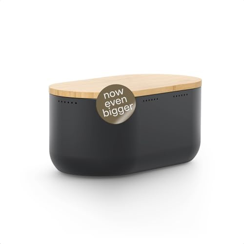 LARS NYSØM Brödlåda i metall I Brödkorg för långvarig friskhet med halkfria kuddar I Bambulock som skärbräda I 34,5x18,5x15,8cm (Midnight Black)