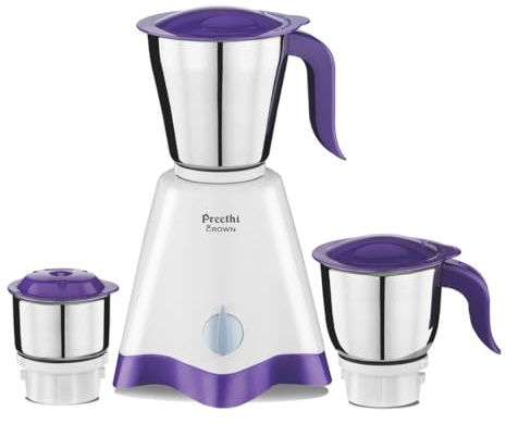 Preethi Crown (MG-205) Mixer Grinder 500W Motor 3 Stainless Steel Jars for Wet & Dry Grinding Chutney & Masala Prep Shock‑Proof ABS Body White & Purple Indian Mixer Grinder for Home Kitchen
