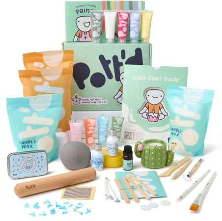 Pott’d Kerzen Gießen Töpferset für Zuhause - DIY Kerzen Selber Machen für Erwachsene. Personalisiere deine eigenen Kerzen mit lufttrocknendem Ton, Wachs, Dochten, Werkzeugen, Duftöl & Anleitungen