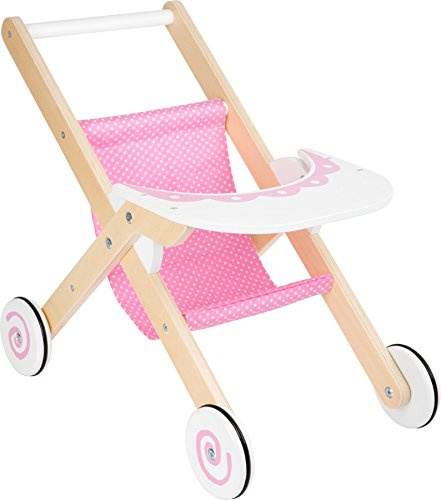 Small Foot Puppenbuggy Pink aus Holz mit gummierten Reifen, mit Ablagebrett, Puppenzubehör für Kinder ab 3 Jahren, 10741