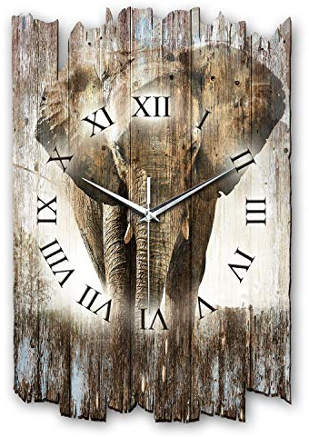 Kreative Feder Designer Wanduhr „Elefant“ aus Holz 40x27cm im Shabby Style Design - Designeruhr mit flüsterleisem Uhrwerk ohne Ticken (Elefant, leises Funkuhrwerk)