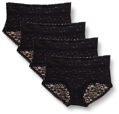 Amazon Essentials Lot de 4 culottes hipster confortables en dentelle extensible pour femme, noir, taille S