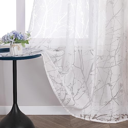 Delien Voile Ausbrenner Gardine mit Zweig Muster B140 x H260 cm, Weiß | 1 Stück,Mit Kräuselband,Transparenter Vorhang,Wohnzimmer Gardinenschals,Leicht,Luftig,Tür Fenster Dekoschals,Modern Stores