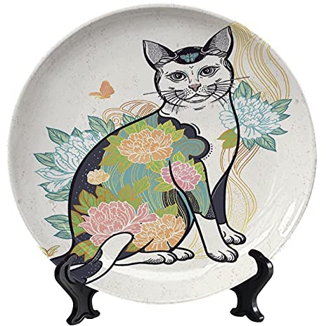 Lyzelre Ceramic Home Wobble-Plate, Cat with Flowers and Butterfly Tattoo, Decorative Dinner Plate Ceramic Ornament for Home&Office Wall Decors 6