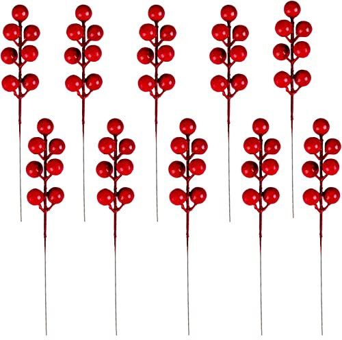HONGCI 10 Pcs Christmas Holly Berries Artificial Red Holly Berries,Christmas Berries Red Berry Stems for Wreath Decorations Craft Christmas,Xmas Tree,Garland DIY Craft Wire Berries Party Decor