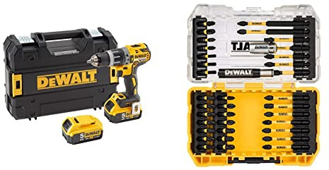 DEWALT Perceuse Visseuse à Percussion Compact Brushless XR 18V Li-Ion 5Ah - 420W - avec Coffret TSTAK, 2 Batteries/Chargeur, DCD796P2-QW + Coffret Embouts de Vissage TOUGHCASE 37 Pièces, DT70731T-QZ
