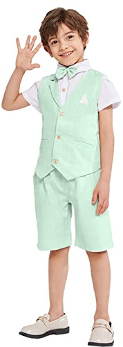 LOLANTA Kostymer i 4 delar för springpojke, sommar, bröllop, bomull/linneblandning, set med väst och shorts för barn, väst, kostymer, Grön,3-4 år