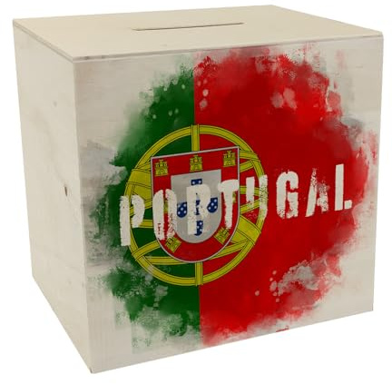 Spardose aus Holz mit Portugal-Flagge im Used Look - Sparschwein für Urlauber eine schöne Sparbüchse mit der portugiesischen Nationalflagge verziert um auf die Reise nach Portugal
