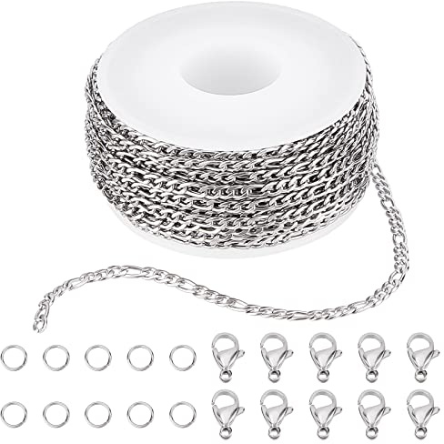SUNNYCLUE DIY 10M 32.8 Feet 3MM Silver Chain Roll Figaro Chains Necklace Chain Stainless Steel Cable Long Craft Link Chain Bulk for Jewellery Making Chains Necklaces Bracelets Crafting Supplies