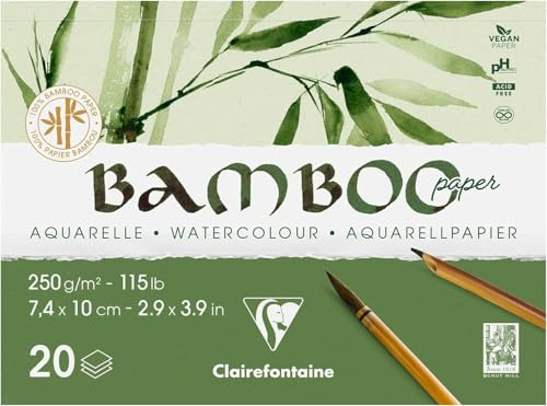 Clairefontaine 975910C: Blocco collato 1 lato Bambù: 20 fogli di carta 100% Bambou acquerello bianca Naturel 100% vegano: a grana finemente marchiato di qualità professionale A7 7,4x10 cm 250g