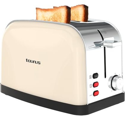 Taurus – Tostador Vintage II Cream, 950W, 2 Ranuras 135 x 35 mm, 7 Niveles, 3 Funciones, Cuerpo INOX, Autocentrado, Recogemigas, Elevación Extra, Recoge Cables, Crema